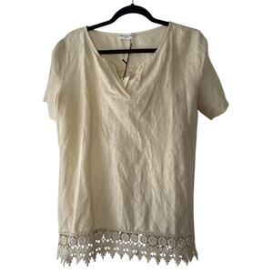 Terzo Millennio Italian Linen Crochet Hem Tan Short Sleeve top Sz M